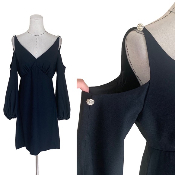 Vintage 60s Black Crepe Dress Cold Shoulder Bishop Sleeve Rhinestone Buttons - Picture 1 of 16